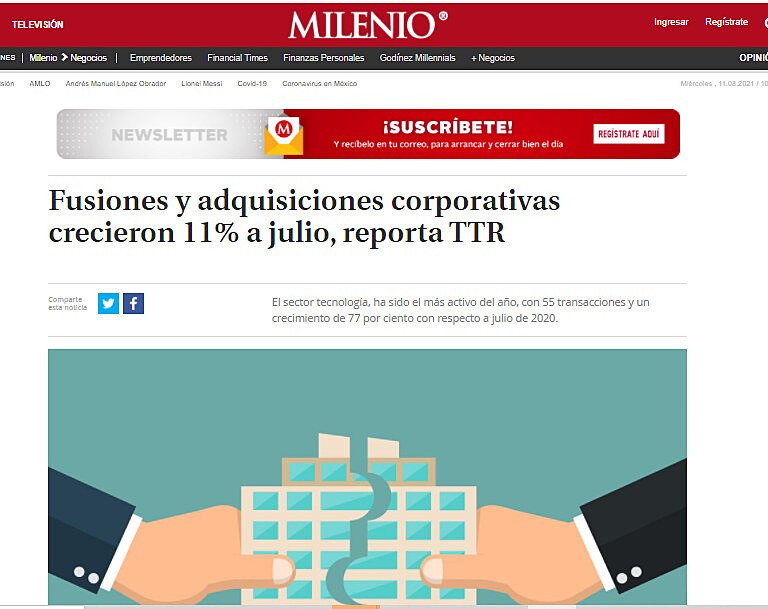 Fusiones y adquisiciones corporativas crecieron 11% a julio, reporta TTR